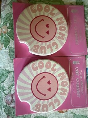 Simply Southern Cool Mom Club Smiley Car Coasters - Pink & Cream (Set of 2)